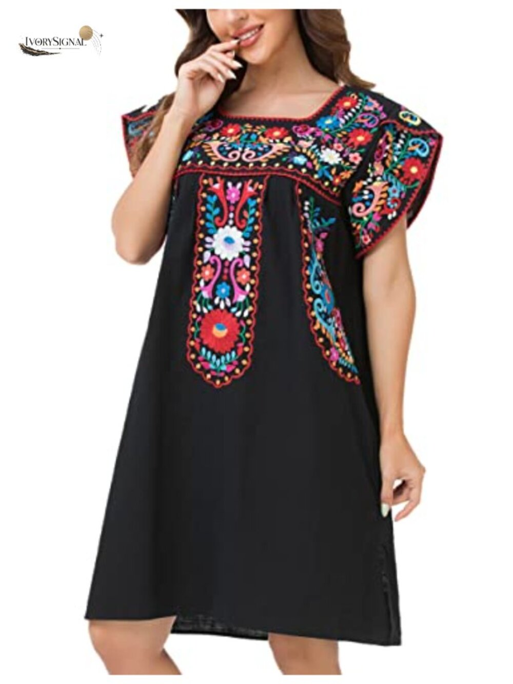 Embroidered Boho Peasant Dress with Petal Sleeves Cotton Midi